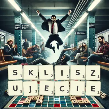 Kreatywna ilustracja do gry w Scrabble ze słowem SKLISZUJECIE ułożonym z płytek na planszy.