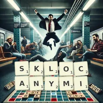 Kreatywna ilustracja do gry w Scrabble ze słowem SKLOCANYMI ułożonym z płytek na planszy.