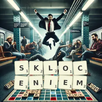 Kreatywna ilustracja do gry w Scrabble ze słowem SKLOCENIEM ułożonym z płytek na planszy.