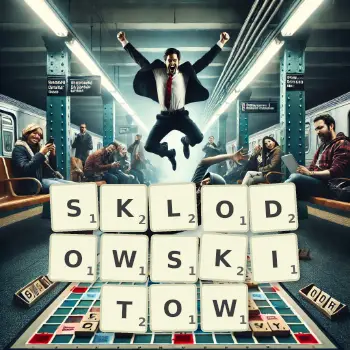 Kreatywna ilustracja do gry w Scrabble ze słowem SKLODOWSKITOW ułożonym z płytek na planszy.