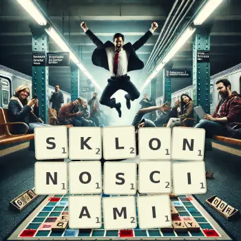 Kreatywna ilustracja do gry w Scrabble ze słowem SKLONNOSCIAMI ułożonym z płytek na planszy.