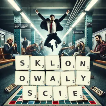 Kreatywna ilustracja do gry w Scrabble ze słowem SKLONOWALYSCIE ułożonym z płytek na planszy.