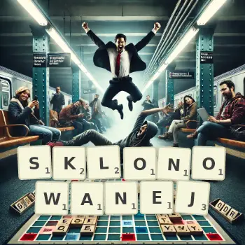 Kreatywna ilustracja do gry w Scrabble ze słowem SKLONOWANEJ ułożonym z płytek na planszy.