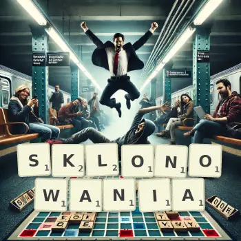 Kreatywna ilustracja do gry w Scrabble ze słowem SKLONOWANIA ułożonym z płytek na planszy.