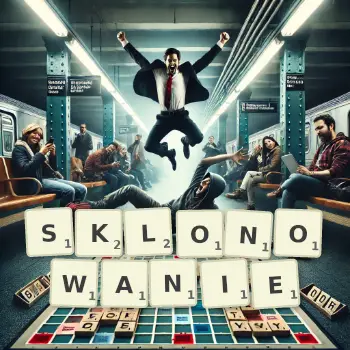 Kreatywna ilustracja do gry w Scrabble ze słowem SKLONOWANIE ułożonym z płytek na planszy.