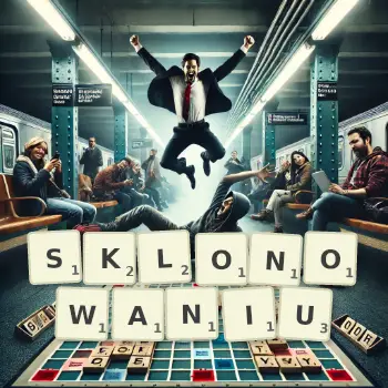 Kreatywna ilustracja do gry w Scrabble ze słowem SKLONOWANIU ułożonym z płytek na planszy.