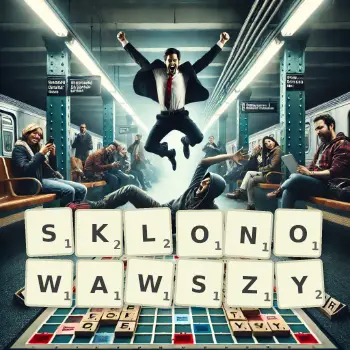 Kreatywna ilustracja do gry w Scrabble ze słowem SKLONOWAWSZY ułożonym z płytek na planszy.