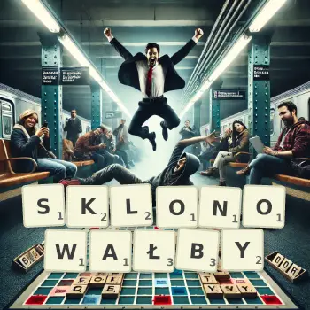 Kreatywna ilustracja do gry w Scrabble ze słowem SKLONOWAŁBY ułożonym z płytek na planszy.