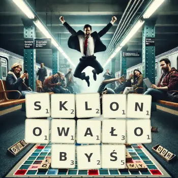 Kreatywna ilustracja do gry w Scrabble ze słowem SKLONOWAŁOBYŚ ułożonym z płytek na planszy.