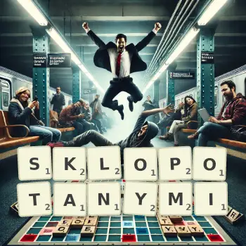 Kreatywna ilustracja do gry w Scrabble ze słowem SKLOPOTANYMI ułożonym z płytek na planszy.