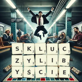 Kreatywna ilustracja do gry w Scrabble ze słowem SKLUCZYLIBYŚCIE ułożonym z płytek na planszy.
