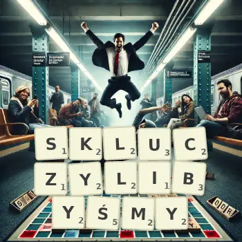 Kreatywna ilustracja do gry w Scrabble ze słowem SKLUCZYLIBYŚMY ułożonym z płytek na planszy.
