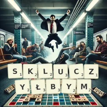 Kreatywna ilustracja do gry w Scrabble ze słowem SKLUCZYŁBYM ułożonym z płytek na planszy.