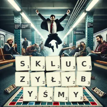 Kreatywna ilustracja do gry w Scrabble ze słowem SKLUCZYŁYBYŚMY ułożonym z płytek na planszy.