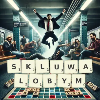 Kreatywna ilustracja do gry w Scrabble ze słowem SKLUWALOBYM ułożonym z płytek na planszy.