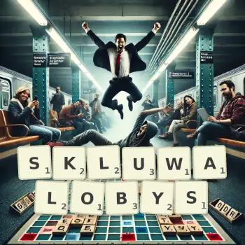 Kreatywna ilustracja do gry w Scrabble ze słowem SKLUWALOBYS ułożonym z płytek na planszy.