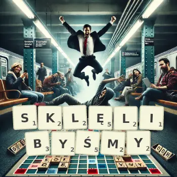 Kreatywna ilustracja do gry w Scrabble ze słowem SKLĘLIBYŚMY ułożonym z płytek na planszy.