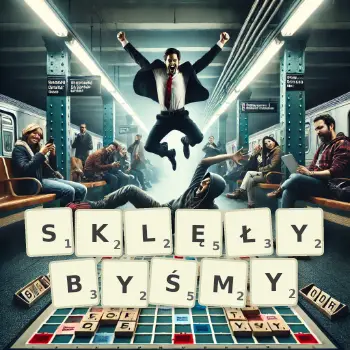 Kreatywna ilustracja do gry w Scrabble ze słowem SKLĘŁYBYŚMY ułożonym z płytek na planszy.