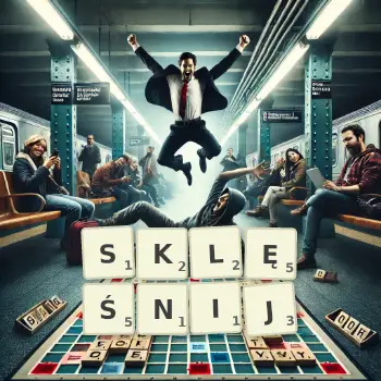 Kreatywna ilustracja do gry w Scrabble ze słowem SKLĘŚNIJ ułożonym z płytek na planszy.