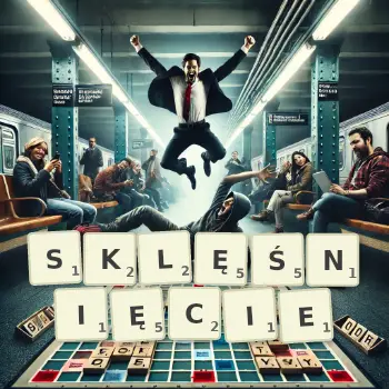 Kreatywna ilustracja do gry w Scrabble ze słowem SKLĘŚNIĘCIE ułożonym z płytek na planszy.