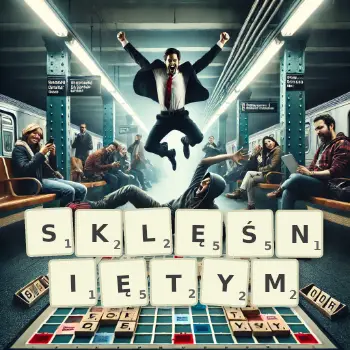 Kreatywna ilustracja do gry w Scrabble ze słowem SKLĘŚNIĘTYM ułożonym z płytek na planszy.