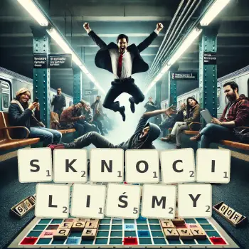 Kreatywna ilustracja do gry w Scrabble ze słowem SKNOCILIŚMY ułożonym z płytek na planszy.
