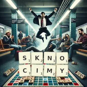 Kreatywna ilustracja do gry w Scrabble ze słowem SKNOCIMY ułożonym z płytek na planszy.