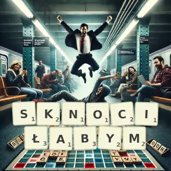 Kreatywna ilustracja do gry w Scrabble ze słowem SKNOCIŁABYM ułożonym z płytek na planszy.