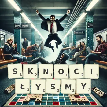 Kreatywna ilustracja do gry w Scrabble ze słowem SKNOCIŁYŚMY ułożonym z płytek na planszy.