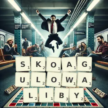Kreatywna ilustracja do gry w Scrabble ze słowem SKOAGULOWALIBY ułożonym z płytek na planszy.