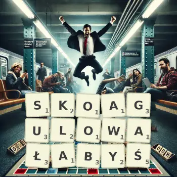 Kreatywna ilustracja do gry w Scrabble ze słowem SKOAGULOWAŁABYŚ ułożonym z płytek na planszy.