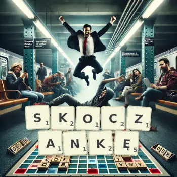 Kreatywna ilustracja do gry w Scrabble ze słowem SKOCZANKĘ ułożonym z płytek na planszy.