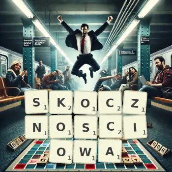 Kreatywna ilustracja do gry w Scrabble ze słowem SKOCZNOSCIOWA ułożonym z płytek na planszy.