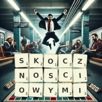 Kreatywna ilustracja do gry w Scrabble ze słowem SKOCZNOSCIOWYMI ułożonym z płytek na planszy.