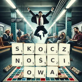 Kreatywna ilustracja do gry w Scrabble ze słowem SKOCZNOŚCIOWA ułożonym z płytek na planszy.