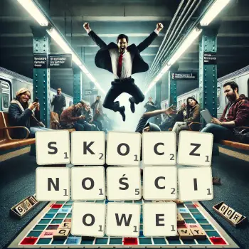 Kreatywna ilustracja do gry w Scrabble ze słowem SKOCZNOŚCIOWE ułożonym z płytek na planszy.