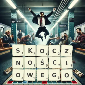 Kreatywna ilustracja do gry w Scrabble ze słowem SKOCZNOŚCIOWEGO ułożonym z płytek na planszy.