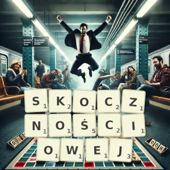 Kreatywna ilustracja do gry w Scrabble ze słowem SKOCZNOŚCIOWEJ ułożonym z płytek na planszy.