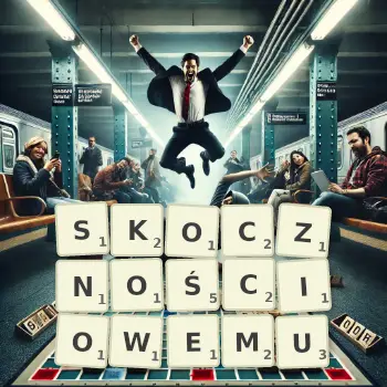 Kreatywna ilustracja do gry w Scrabble ze słowem SKOCZNOŚCIOWEMU ułożonym z płytek na planszy.