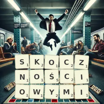 Kreatywna ilustracja do gry w Scrabble ze słowem SKOCZNOŚCIOWYMI ułożonym z płytek na planszy.