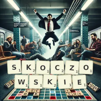 Kreatywna ilustracja do gry w Scrabble ze słowem SKOCZOWSKIE ułożonym z płytek na planszy.
