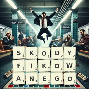 Kreatywna ilustracja do gry w Scrabble ze słowem SKODYFIKOWANEGO ułożonym z płytek na planszy.