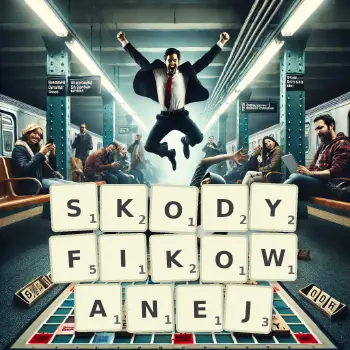 Kreatywna ilustracja do gry w Scrabble ze słowem SKODYFIKOWANEJ ułożonym z płytek na planszy.