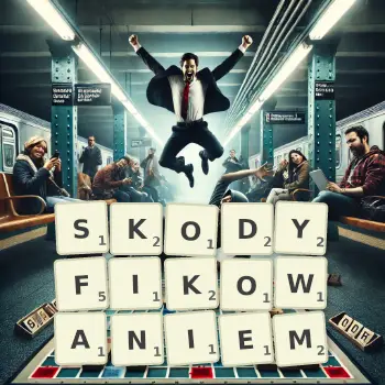 Kreatywna ilustracja do gry w Scrabble ze słowem SKODYFIKOWANIEM ułożonym z płytek na planszy.