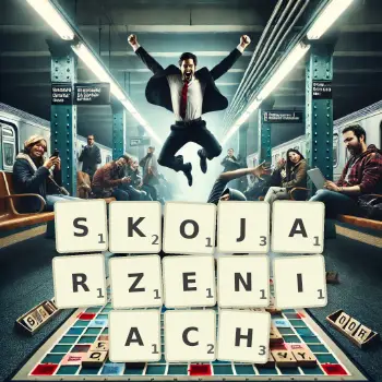 Kreatywna ilustracja do gry w Scrabble ze słowem SKOJARZENIACH ułożonym z płytek na planszy.