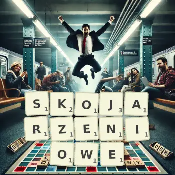 Kreatywna ilustracja do gry w Scrabble ze słowem SKOJARZENIOWE ułożonym z płytek na planszy.