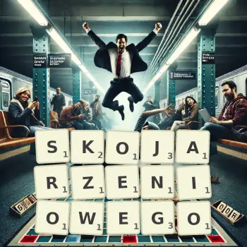 Kreatywna ilustracja do gry w Scrabble ze słowem SKOJARZENIOWEGO ułożonym z płytek na planszy.