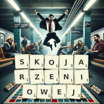 Kreatywna ilustracja do gry w Scrabble ze słowem SKOJARZENIOWEJ ułożonym z płytek na planszy.