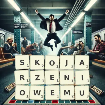 Kreatywna ilustracja do gry w Scrabble ze słowem SKOJARZENIOWEMU ułożonym z płytek na planszy.