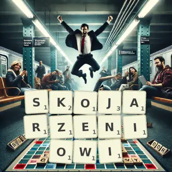 Kreatywna ilustracja do gry w Scrabble ze słowem SKOJARZENIOWI ułożonym z płytek na planszy.